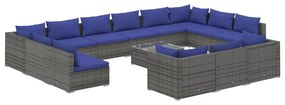 Set Divani da Giardino 14 pz con Cuscini in Polyrattan Grigio