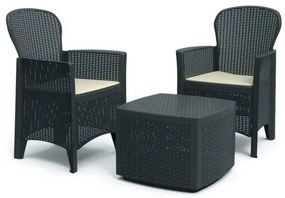 Salotto da Esterno in Rattan 1 Tavolo + 2 Poltrone Con Cuscini Antracite mod. Tree