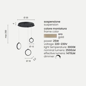 Lampada a sospensione in metallo verniciato 3 Luci ORO a Led PINTA