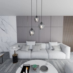 Lampadario 3 Luci Fuxi Base Tonda In Acciaio Nero E Vetri Fumè