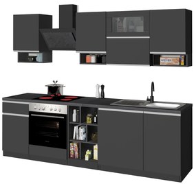 Cucina Lineare SOLE 256 cm - Antracite/Report e Legno Chiaro, Made in Italy