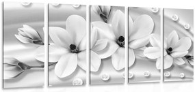 Quadri 5 pezzi – Magnolia di lusso con perle in bianco e nero