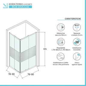 Box doccia angolare 80x80 in vetro temperato serigrafato doppio scorrevole con profili cromo Tay
