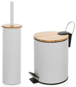 Kit accessori bagno scopino e pattumiera bianco in acciaio e bambù Haiti