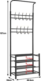 Stand Appendiabiti da Ingresso 9 Ganci con Scarpiera a 4 Ripiani in Metallo Nero...