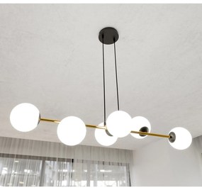 Sospensione Contemporanea Rhiannon 6 Luci In Acciaio Oro E Sfere In Vetro Bianco