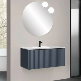 Mobile bagno sospeso 90 cm blu notte cannettato con cassetto, specchio e lavabo Nara