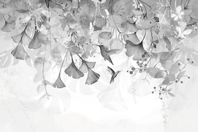 Carta da parati – Foglie con Colibrì in Bianco e Nero