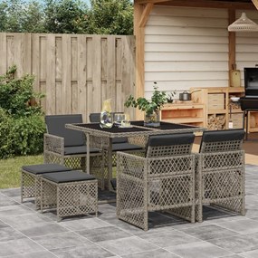 Set da pranzo da giardino 9 pz con cuscini in polyrattan grigio