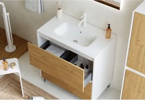Mobile Bagno Lisbona 2 Cassetti 100 Cm Bianco Lucido Rovere Naturale