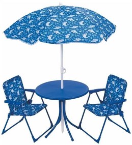 Set bimbo giardino, tavolino con ombrello e due sedie, struttura in metallo, decoro squaletto