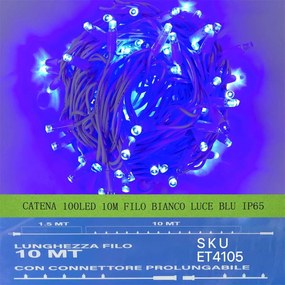Catena Luminosa di Luci Led IP65 10 Metri Con 100 Led Filo Bianco Luce Blu Con Connettore Allungabile