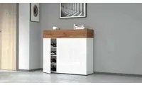 Scarpiera Dcanestrell, Porta scarpe salvaspazio a 4 ante, Armadio multifunzione da ingresso, 114x38h100 cm, Bianco e Rovere