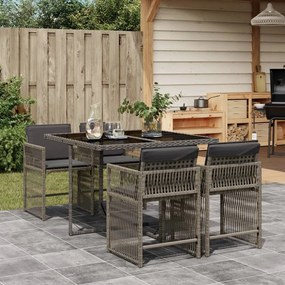 Set da pranzo da giardino 5 pz con cuscini in polyrattan grigio