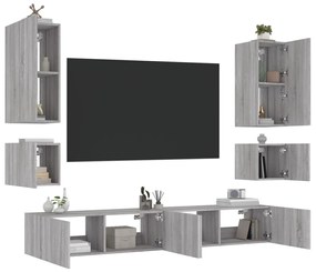 Mobili tv a muro 6pz con luci led grigio sonoma