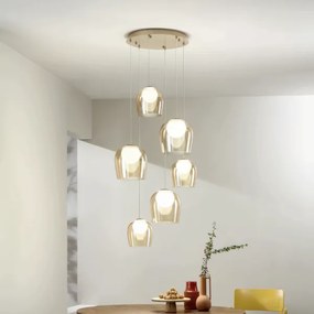 Lampada a sospensione in metallo Oro e vetri Ambra SANTOS 6 Luci Led 45 cm