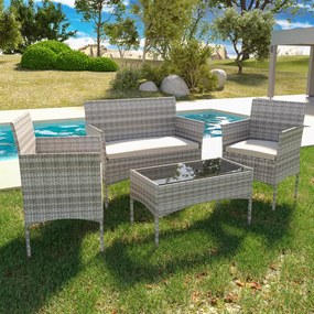 Set Di Mobili da Giardino Salotto Salottino in Rattan 4 Posti con Tavolino E Ripiano In Vetro 2 Poltrone e Divano 2 Posti Per Giardino Esterno Piscina Cuscini Sfoderabili (Grigio)