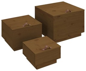 Contenitori portaoggetti coperchi 3pz miele legno massello pino