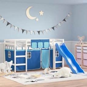 Letto A Soppalco Con Tende Bambini Blu 90x200 Cm Massello Pino /