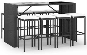 Set bar da giardino 9 pz con cuscini in polyrattan nero