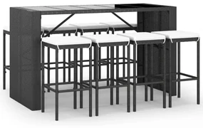 Set bar da giardino 9 pz con cuscini in polyrattan nero