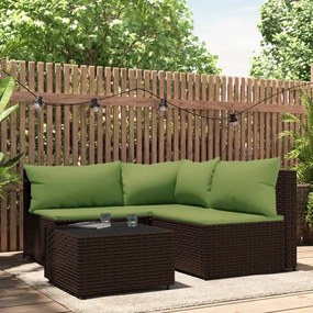 Set mobili da giardino 4 pz con cuscini in polyrattan marrone