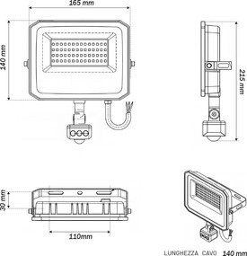 Faro LED 50W IP65 Bianco con Sensore di Movimento e OSRAM chip LED Colore Bianco Caldo 3.000K
