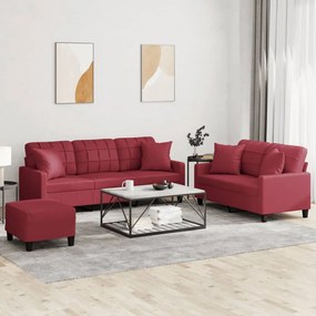 Set Di Divani 3 Pz Con Cuscini Rosso Vino İn Similpelle /