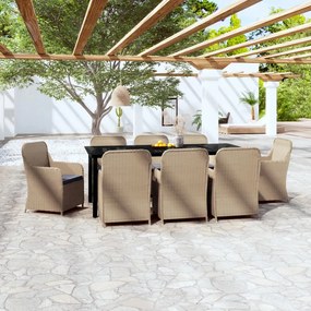 Set mobili da pranzo da giardino 9 pz con cuscini marrone