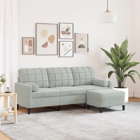 Divano A 3 Posti Con Poggiapiedi Grigio Chiaro 180cm İn Velluto /