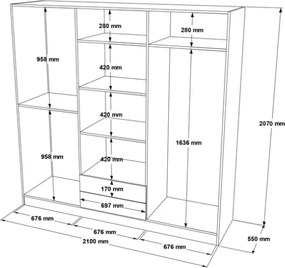 Armadio Guardaroba 6 Ante 2 Cassetti 210x55x207 Duke Rovere Effetto Legno