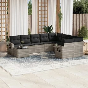 Set divano giardino 10 pz con cuscini grigio chiaro polyrattan