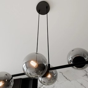 Lampadario Contemporaneo 6 Luci Rossi In Acciaio Nero E Sfere In Vetro Fumè