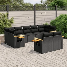 Set divani da giardino 9 pz con cuscini nero in polyrattan