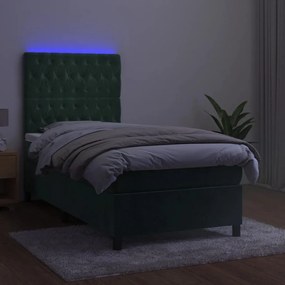 Letto a molle con materasso e led verde scuro 90x190 cm velluto