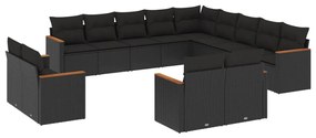 Set Divani da Giardino 13pz con Cuscini Nero in Polyrattan