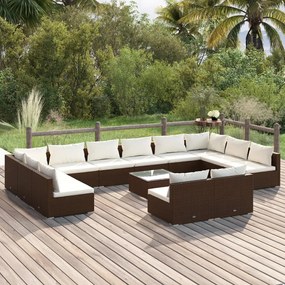 Set Divani da Giardino 13 pz con Cuscini in Polyrattan Marrone