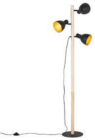 Lampada da terra rustica nera con legno 3 luci - Flint