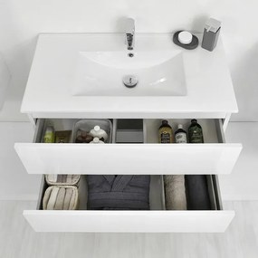 Mobile bagno sospeso 90 cm Duble bianco lucido completo di lavabo e specchio