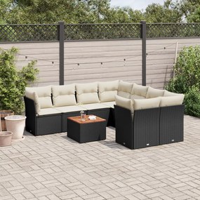 Set divani da giardino 9 pz con cuscini nero in polyrattan