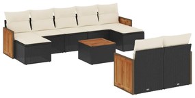 Set divani da giardino 10pz con cuscini in polyrattan nero