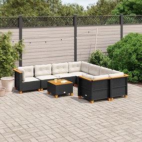 Set divani da giardino 9 pz con cuscini nero in polyrattan