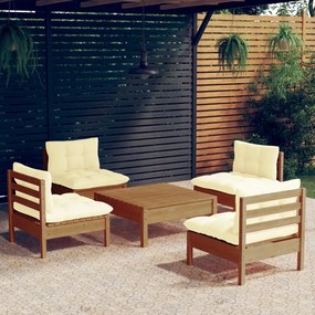 Set divani da giardino 5 pz con cuscini crema in legno di pino