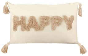 Cuscino divano 30x50 cm scritta Happy con nappine