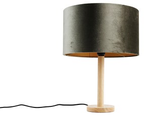 Lampada da tavolo in legno con paralume in velluto verde 35 cm - Mels