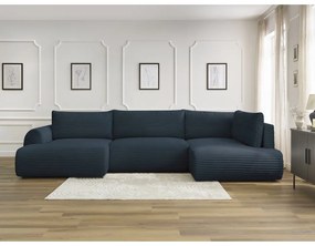 Divano angolare in blu scuro allungabile (con penisola a sinistra/a forma di "U") con rivestimento in velluto a coste Lucien – Bobochic Paris