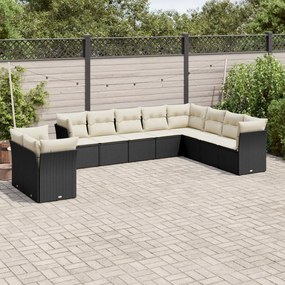 Set divani da giardino 10pz con cuscini in polyrattan nero