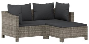 Set divani da giardino 3 pz con cuscini in polyrattan grigio