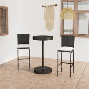 Set bar da giardino 3 pz con cuscini polyrattan nero