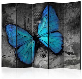 Paravento separè Alato II (5 parti) - farfalla blu su astrazione grigia